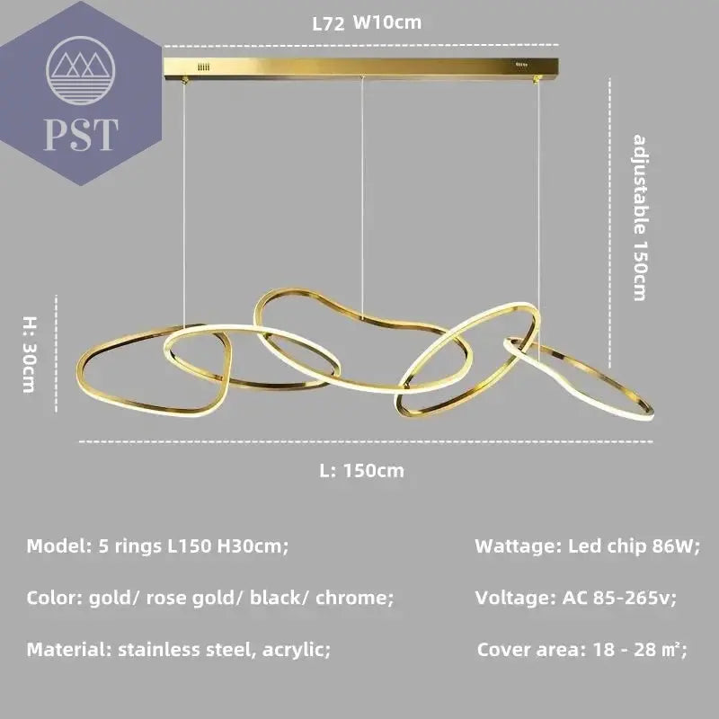 Luxuriöse Dimmbare Pendelleuchte Esstisch Leuchter Wohnzimmer Beleuchtung PST PS Tradings Pendelleuchte PST PS Tradings gold-in-stock-5-ring-L150cm-86W-neutral-light-4200 PST PS Tradings