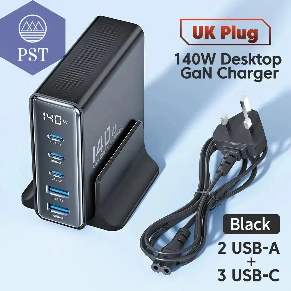 Toocki 140W GaN USB Charger 5in1 Desktop Fast Charge PST PS Tradings UK Black Toocki 140W GaN USB Charger 5in1 Desktop Fast Charge