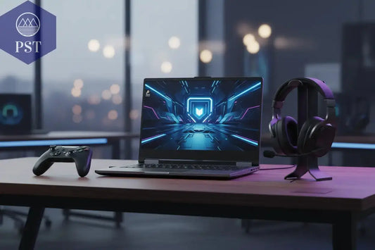 FPS Gaming-Laptop im hochwertigen Setup mit Headset und Controller. - PS Tradings 