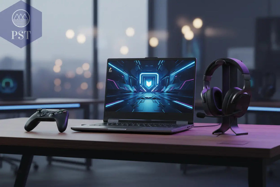 FPS Gaming-Laptop im hochwertigen Setup mit Headset und Controller. - PS Tradings 