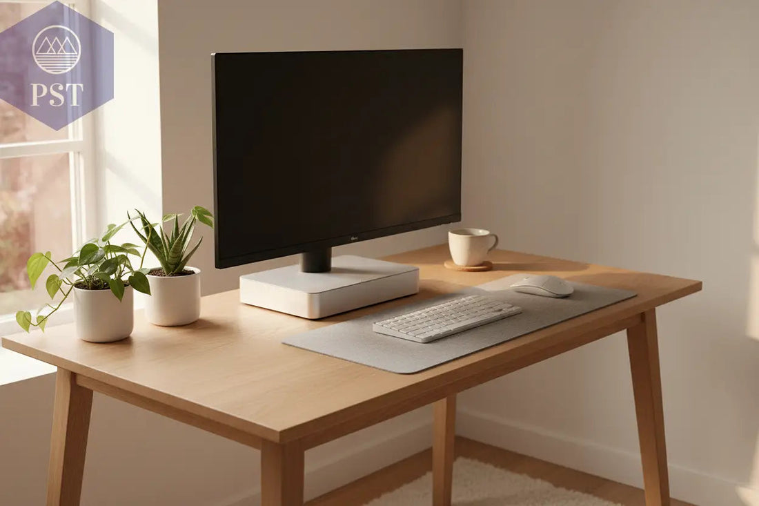 Mini-PC im modernen Setup mit Monitor und kabellosem Zubehör.- PS Tradings 