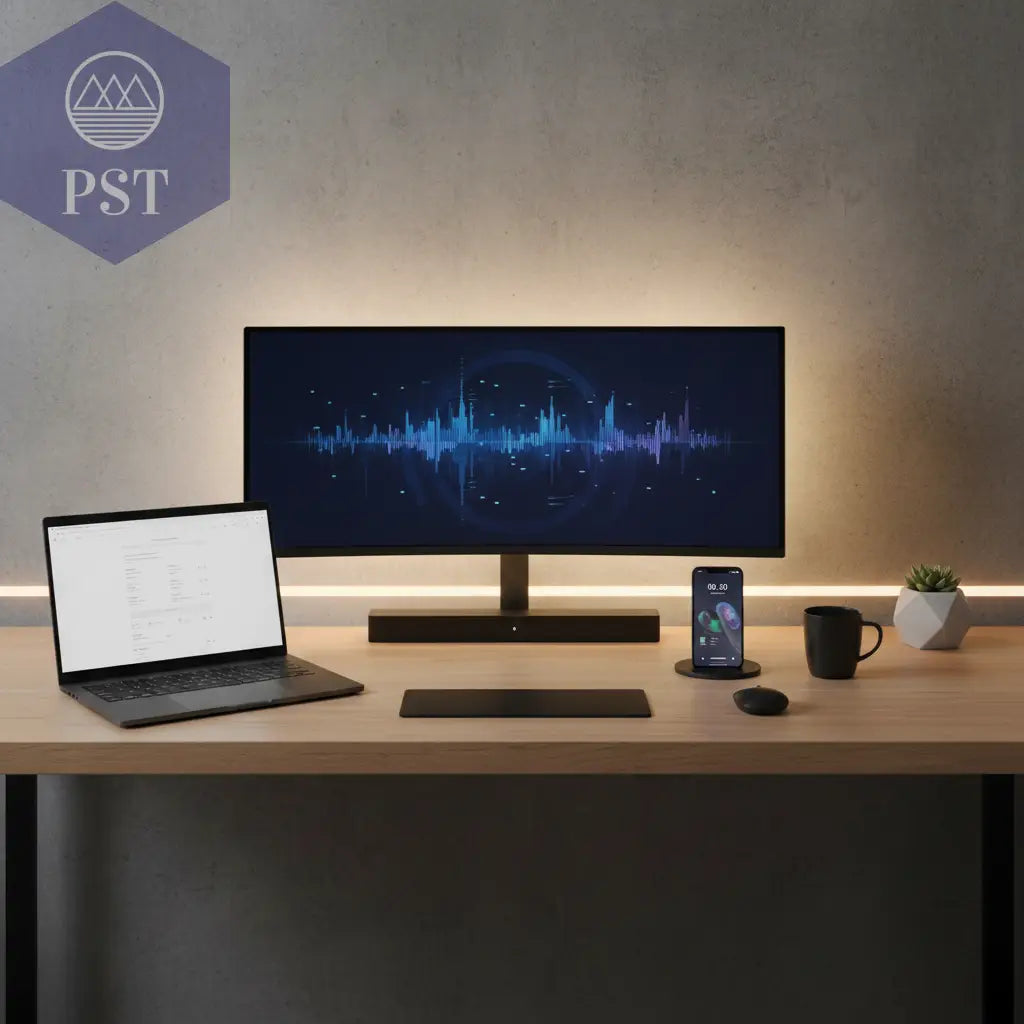 A clean, modern desk with a laptop, monitor, and smartphone illuminated by soft light.