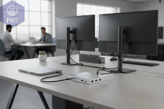 USB‑C Dockingstation im Dual‑Monitor Büro-Setup mit sauberem Kabelmanagement. PS Tradings
