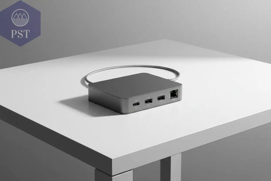 USB‑C vs Thunderbolt Dockingstation - PS Tradings -Moderne Dockingstation auf einem aufgeräumten Schreibtisch