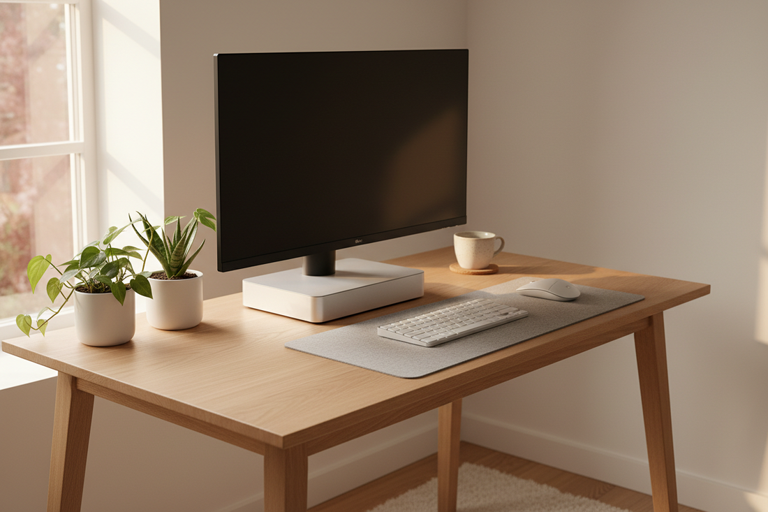 Mini-PC im modernen Setup mit Monitor und kabellosem Zubehör.- PS Tradings 