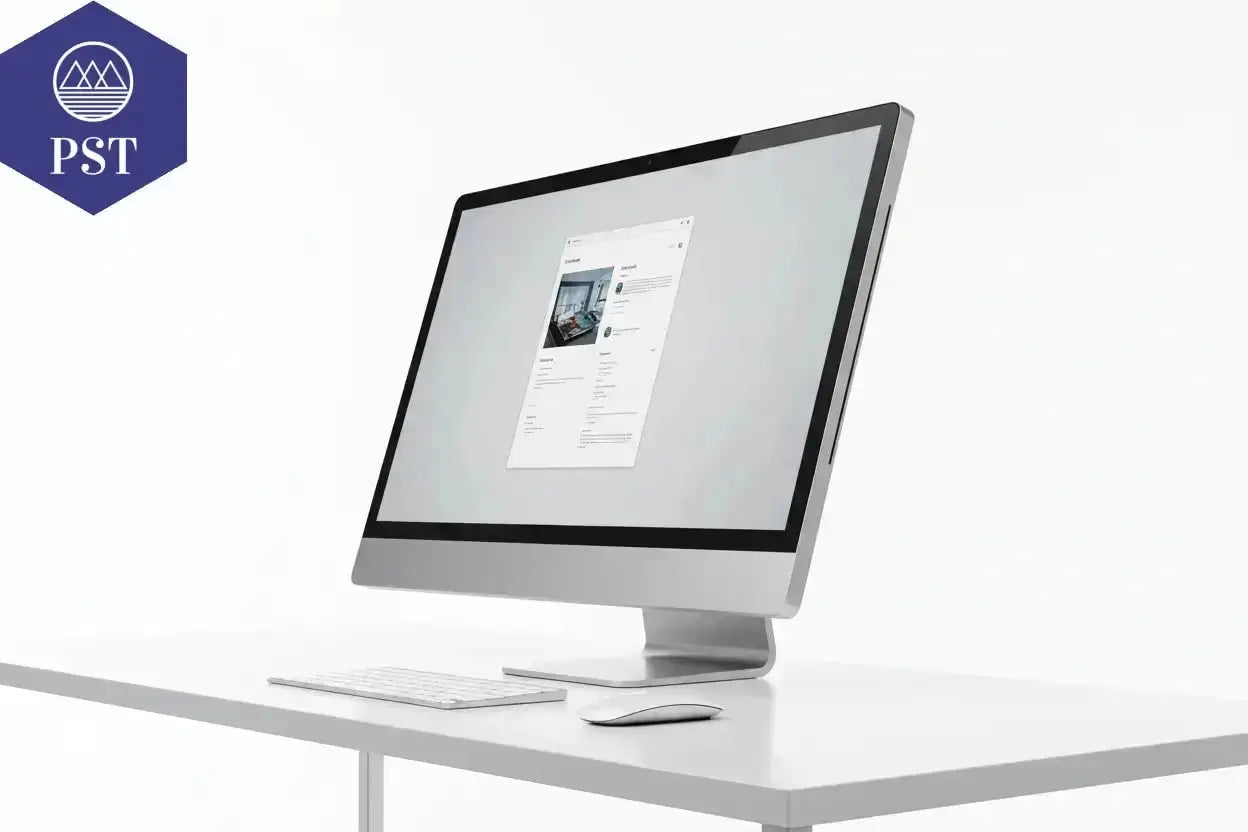 AIO-PC in modernem Design. Silberner All-in-one-PC mit weißen Eingabegeräten, auf einem weißen Tisch. Premium All-in-One Computer kaufen bei PS Tradings. Hochwertiges AIO Setup bei PST PS Tradings 