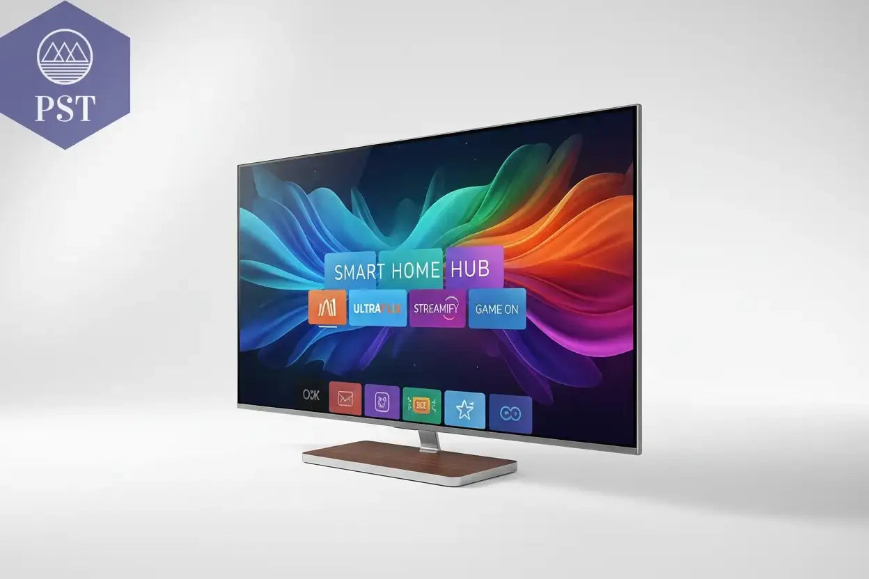 Smart TV als Ultra HD TV mit Standfuss dargestellt 4K TV Smart Home Hub Funktionen und Konnektivität PS Tradings