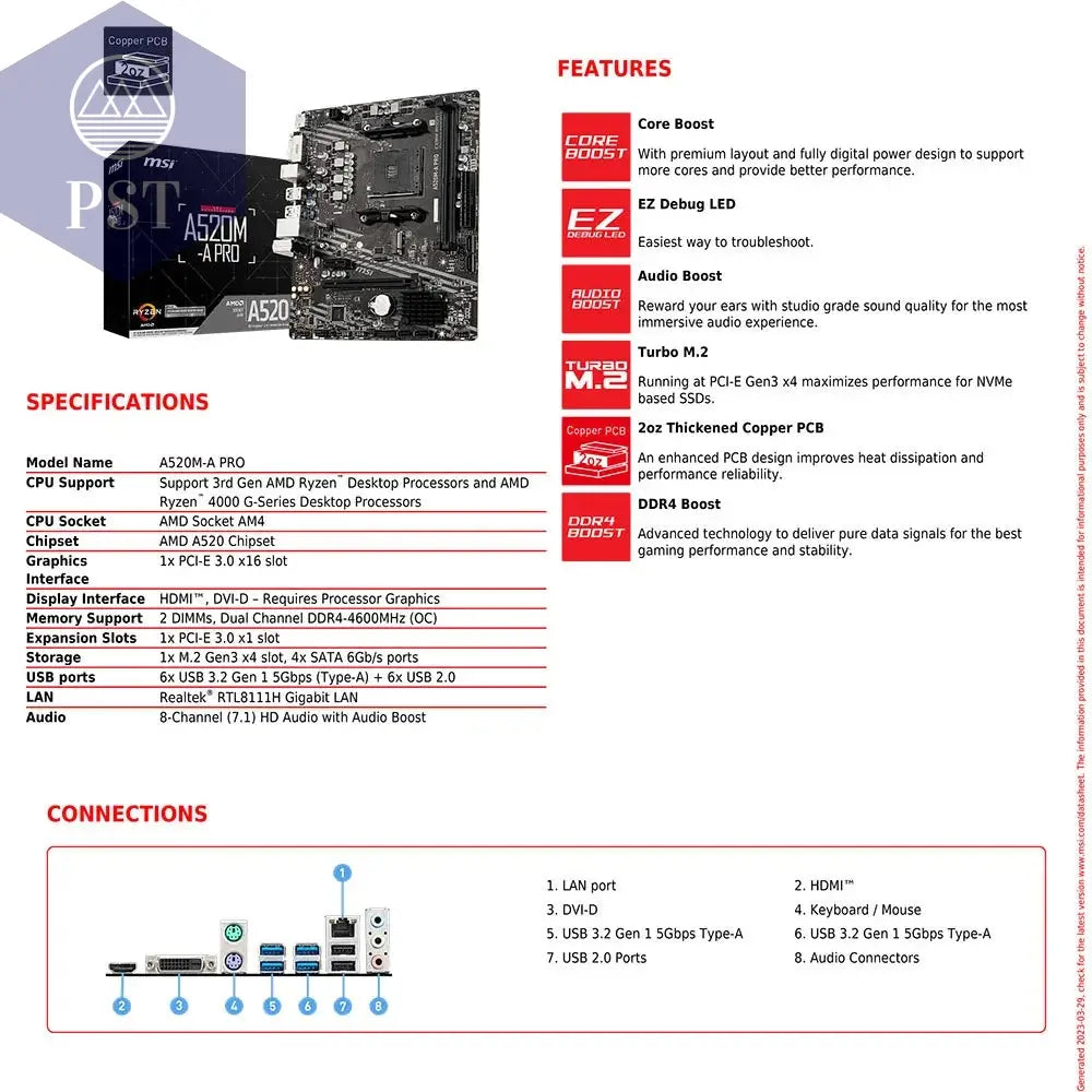 MSI AMD A520M-A PRO Motherboard Unterstützt Ryzen CPU R3 R5 R7 5000- Und 3000-Serie Mainboard AM4 M.2 NVME Dual Channel DDR4 Vollständig Neu