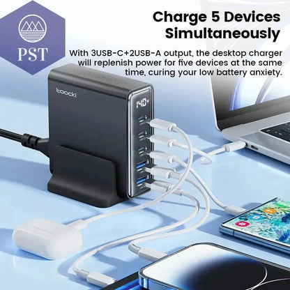 Toocki 140W GaN USB Charger 5in1 Desktop Fast Charge PST PS Tradings   Toocki 140W GaN USB Charger 5in1 Desktop Fast Charge